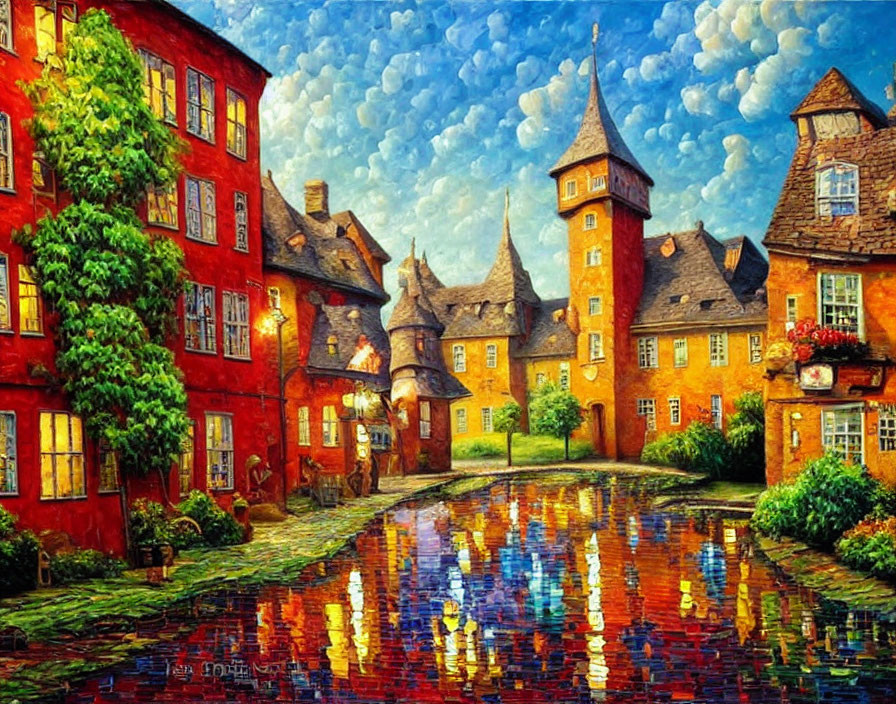 Colorful painting of whimsical town with castle tower and reflective water