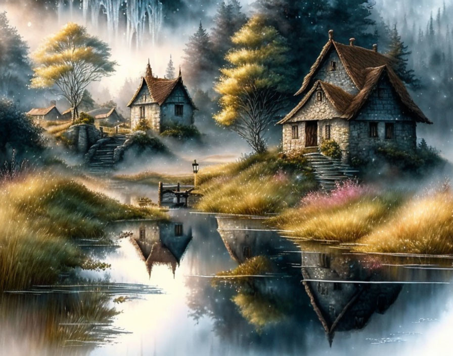 Tranquil landscape with thatched cottages, calm river, lush trees, and misty twilight