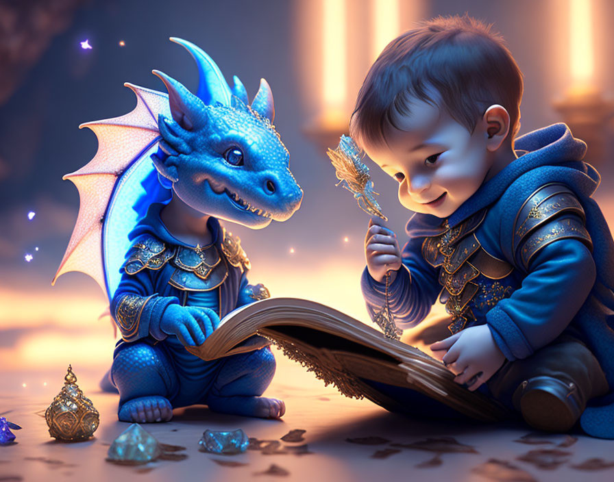 Boy in knight's armor and blue dragon gaze at glowing book under starlit sky