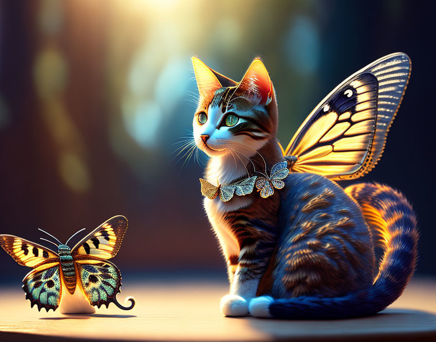 Whimsical digital artwork featuring cat with butterfly wings in golden lighting