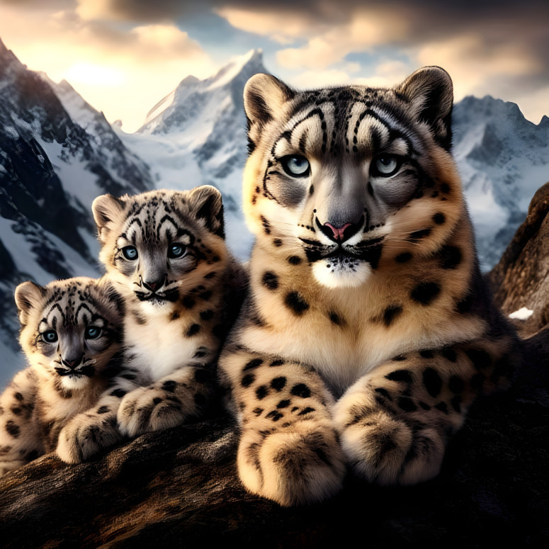 Snow Leopard Mother with Cubs