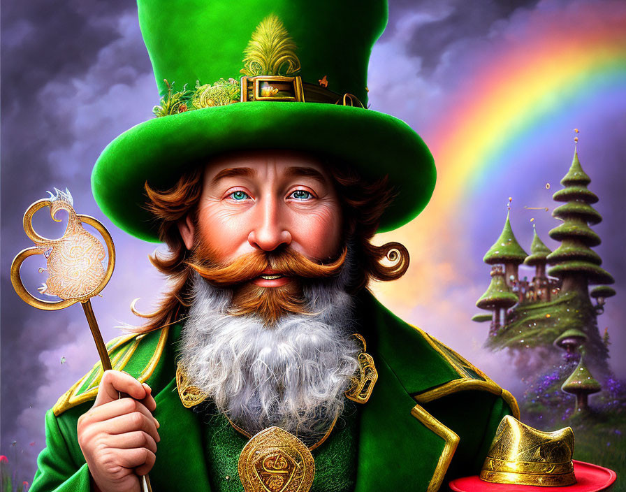 Bearded leprechaun in green suit with golden cane, rainbow and whimsical trees.