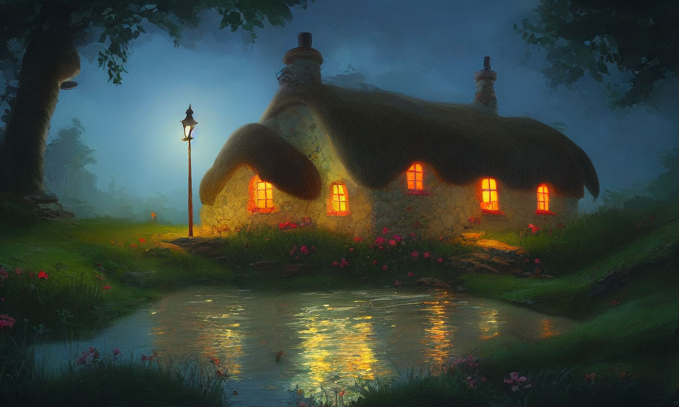 Rural cottage at twilight with glowing windows and lamp post