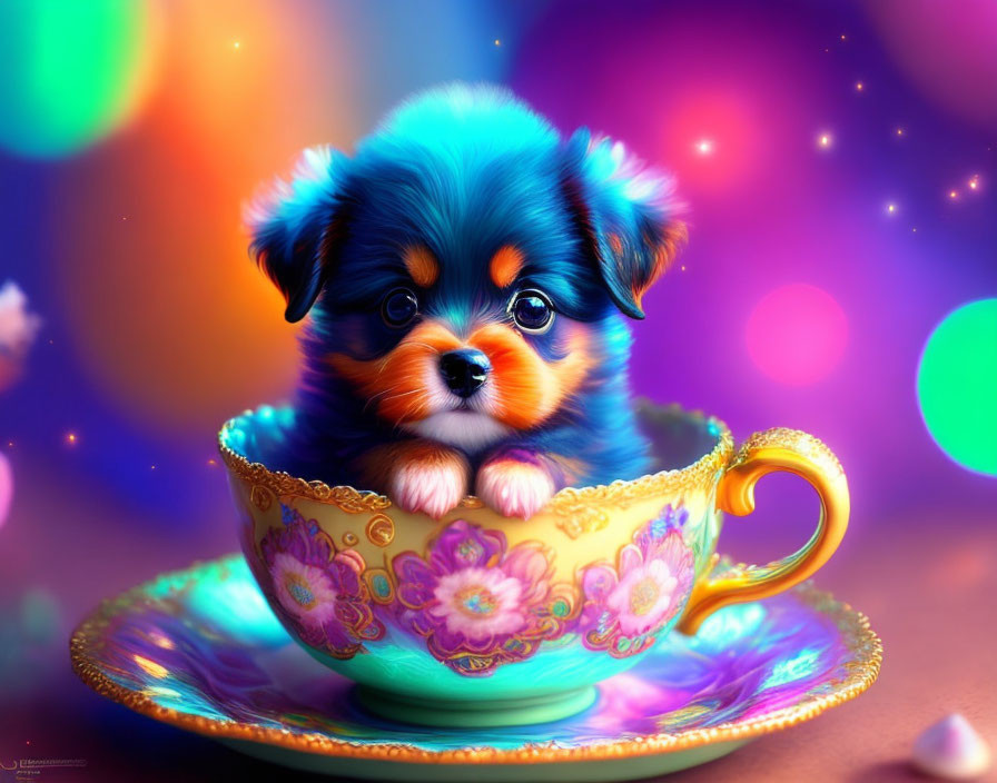 Colorful Puppy in Ornate Tea Cup Surrounded by Glowing Lights