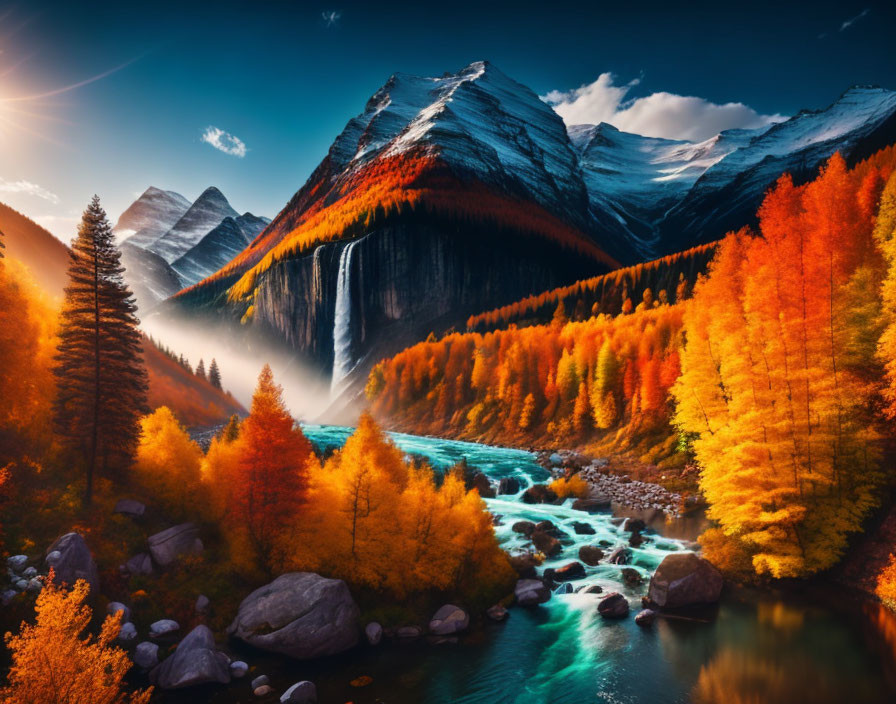 Scenic autumn landscape with river, forest, and mountains