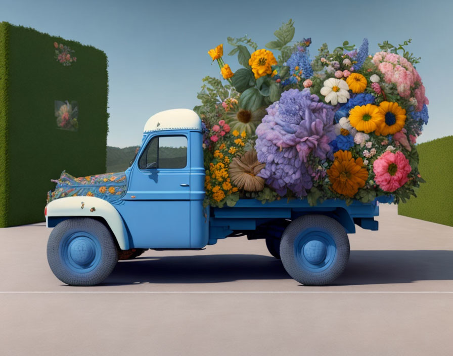 Vintage Blue Pickup Truck Overflowing with Oversized Flowers in Surreal Outdoor Scene