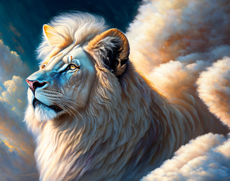 Majestic lion with piercing gaze in ethereal cloudscape