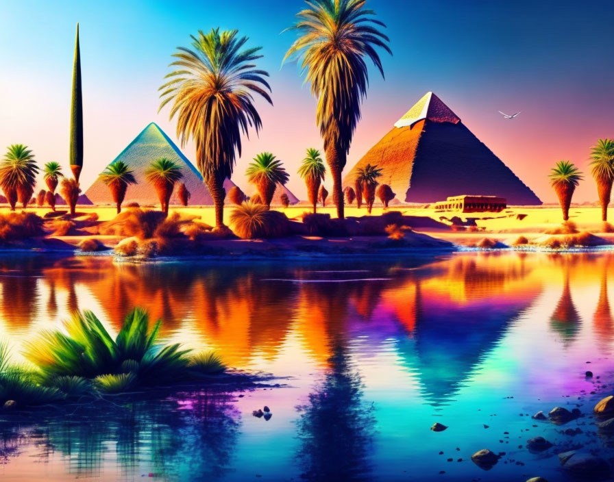 Egyptian Pyramids at Sunset with Palm Trees and Birds Reflecting on Water