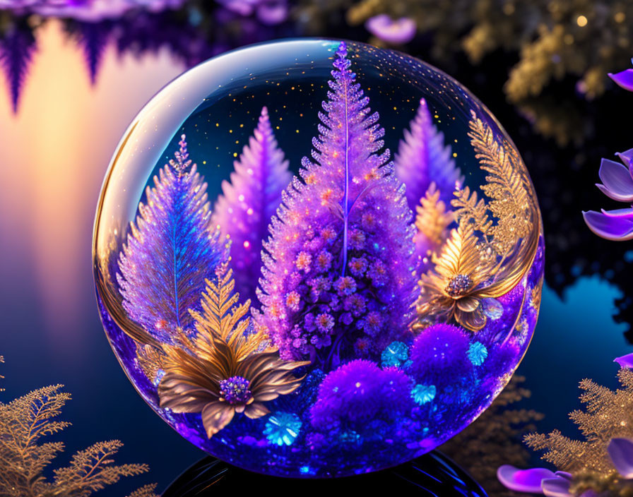 Colorful Floral Glass Sphere in Twilight Setting