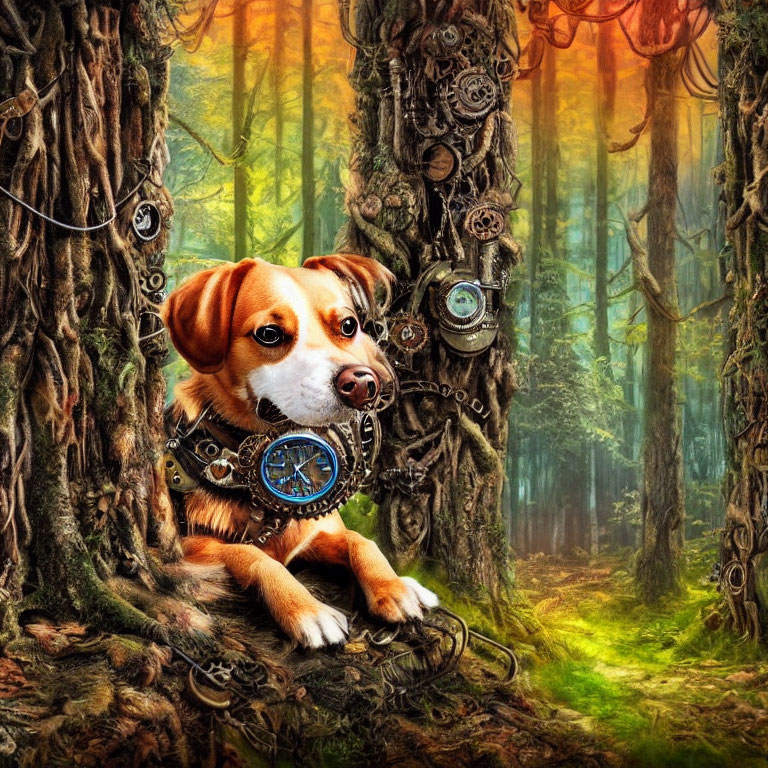 Steampunk-style collar on dog in vibrant mystical forest