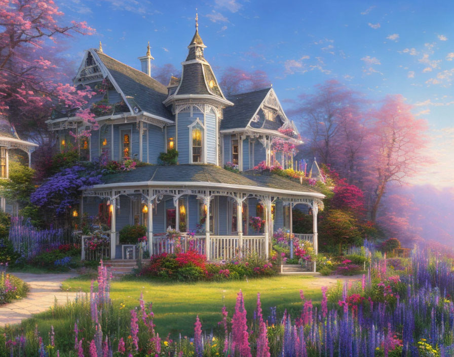 Victorian-style house with intricate trim in lush garden at twilight