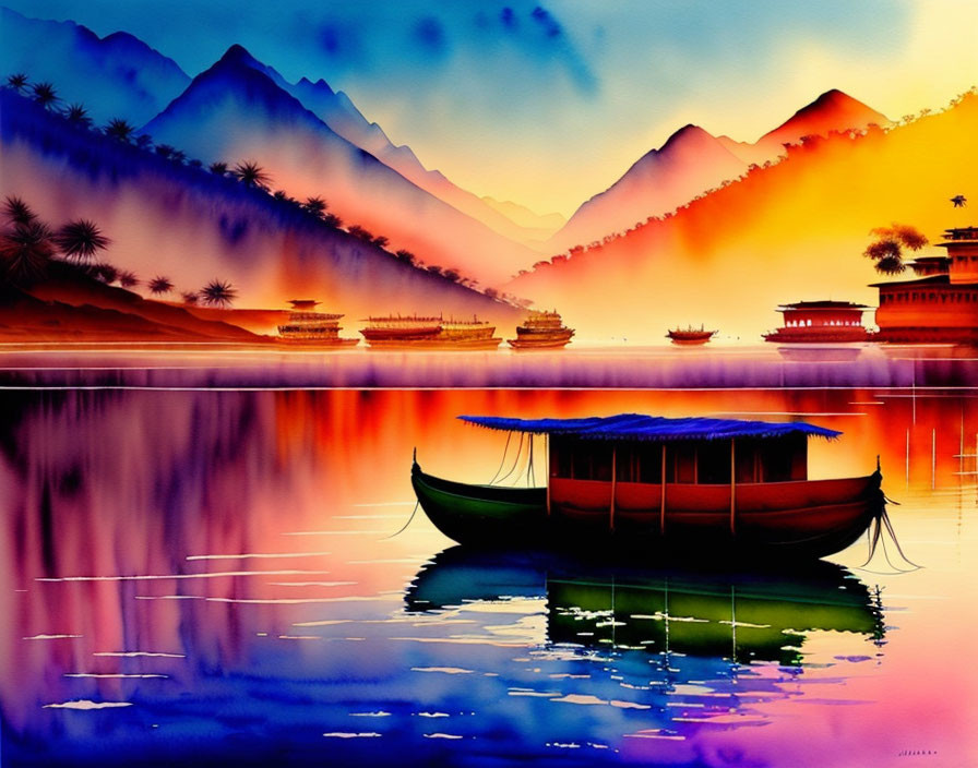 Serene lake painting with boat, mountains, and sunset