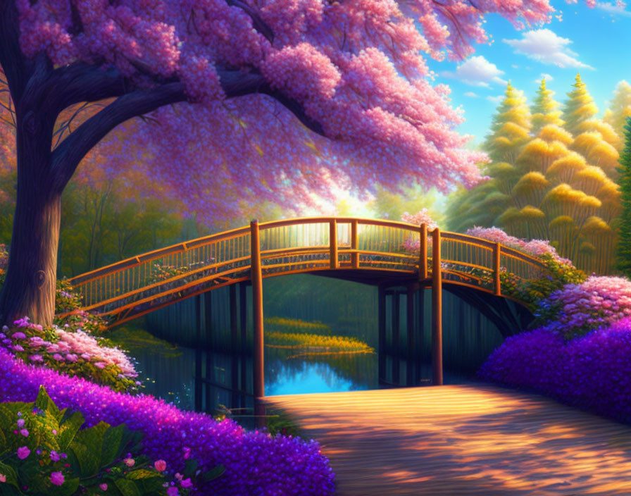 Digital artwork: Wooden bridge over tranquil river surrounded by lush trees and blooming flowers