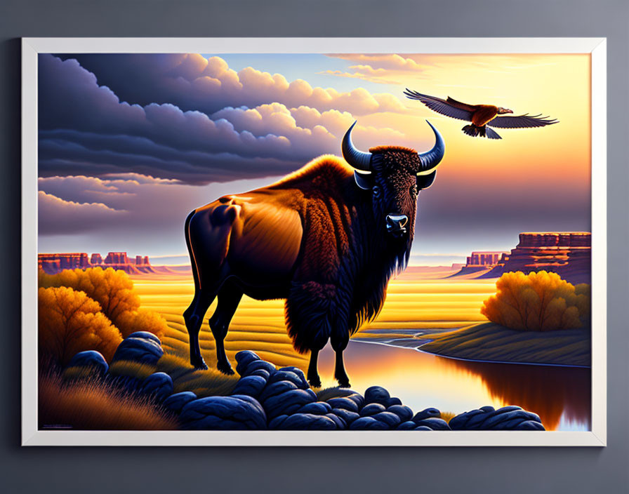 Majestic bison by tranquil river with mesas, bird flying at sunset