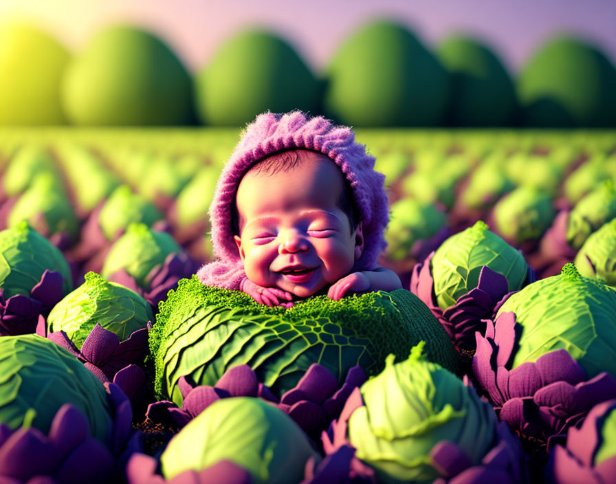 Smiling baby in purple hat nestled in cabbage field under purple sky