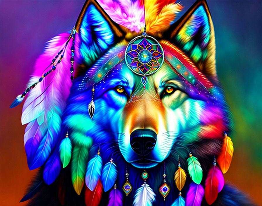 Colorful wolf head with dreamcatcher and feathers in digital art