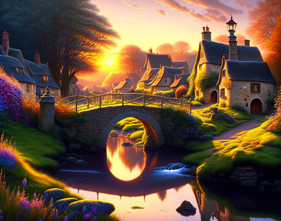 Picturesque village scene with thatched cottages, stone bridge, and serene river at sunset