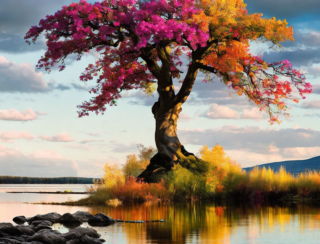 Colorful tree by serene lake under cloudy sky