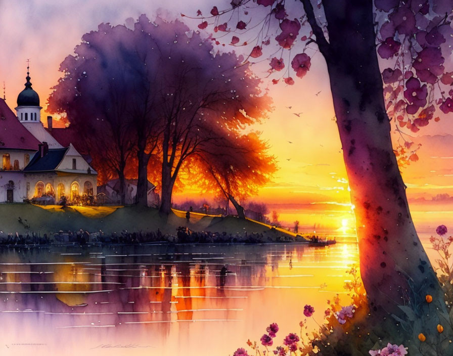 Colorful watercolor sunset landscape with reflections, trees, blossoms, and distant building.