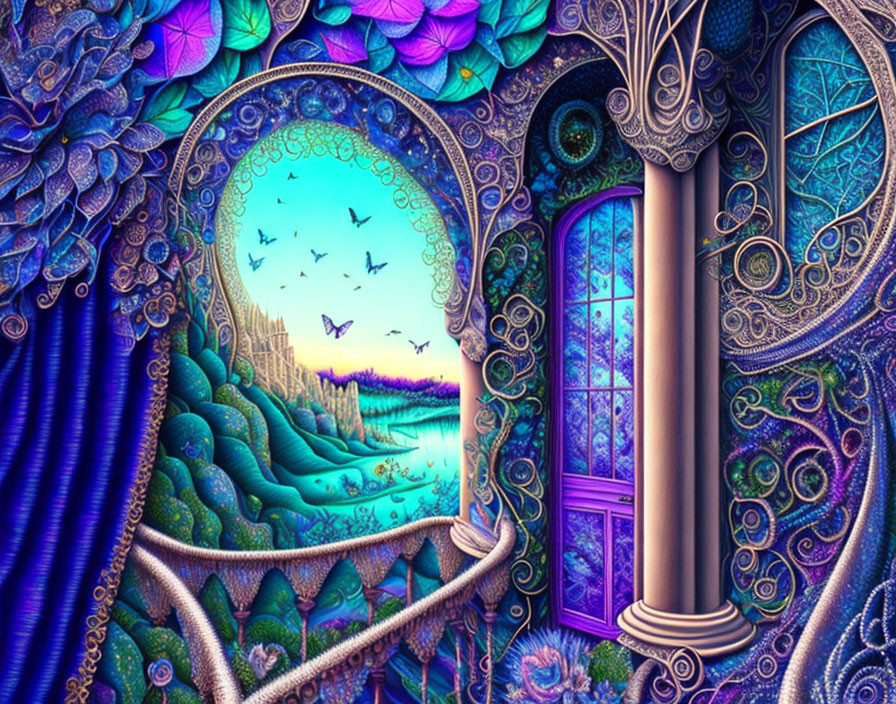 Colorful Fantasy Landscape with Peacock Feather Motif & Open Window