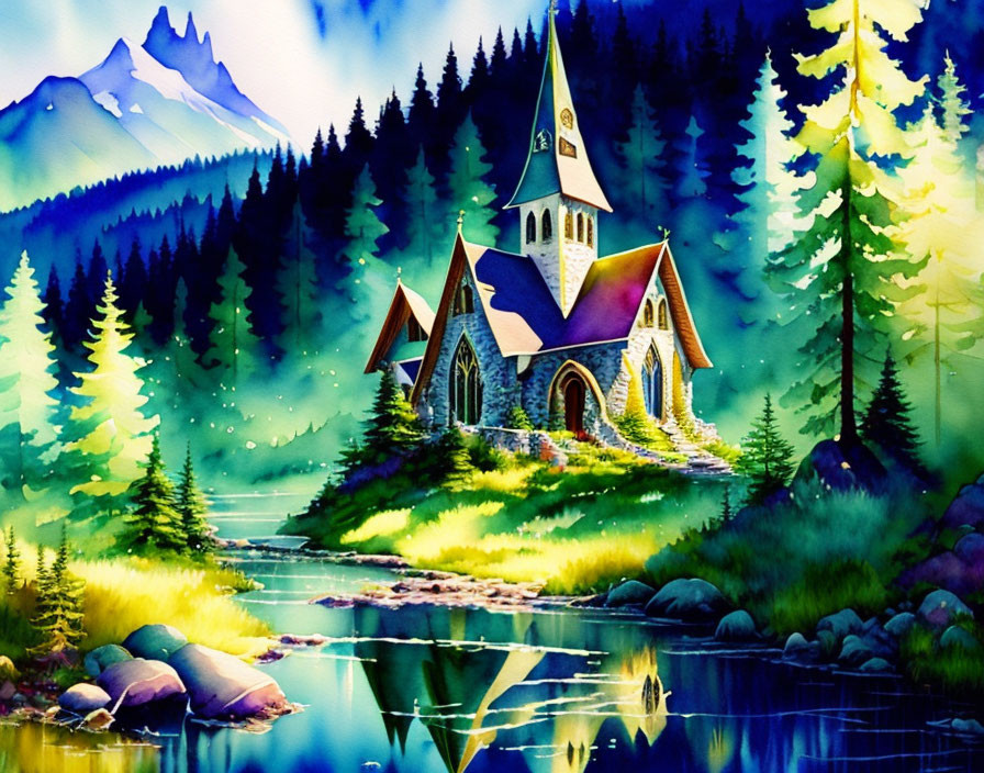 Scenic watercolor painting: church by river, trees, mountains.