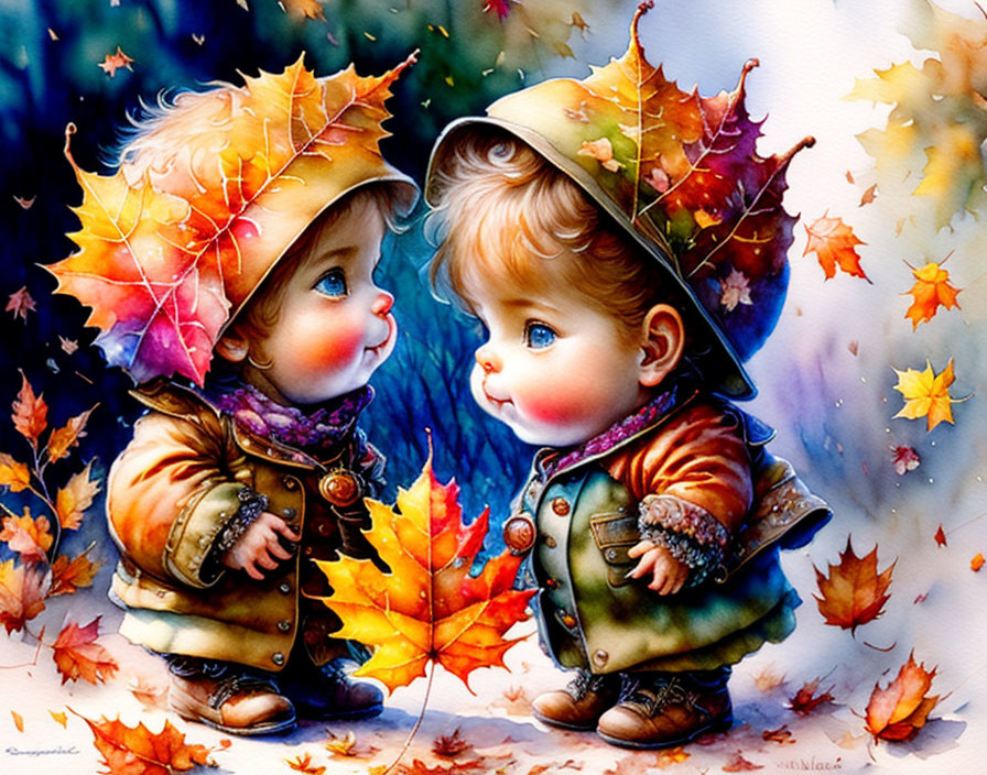 Illustrated toddlers in autumn attire with leaf hats and fallen leaves.