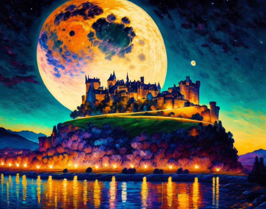 Majestic castle on hill under detailed moon & night sky