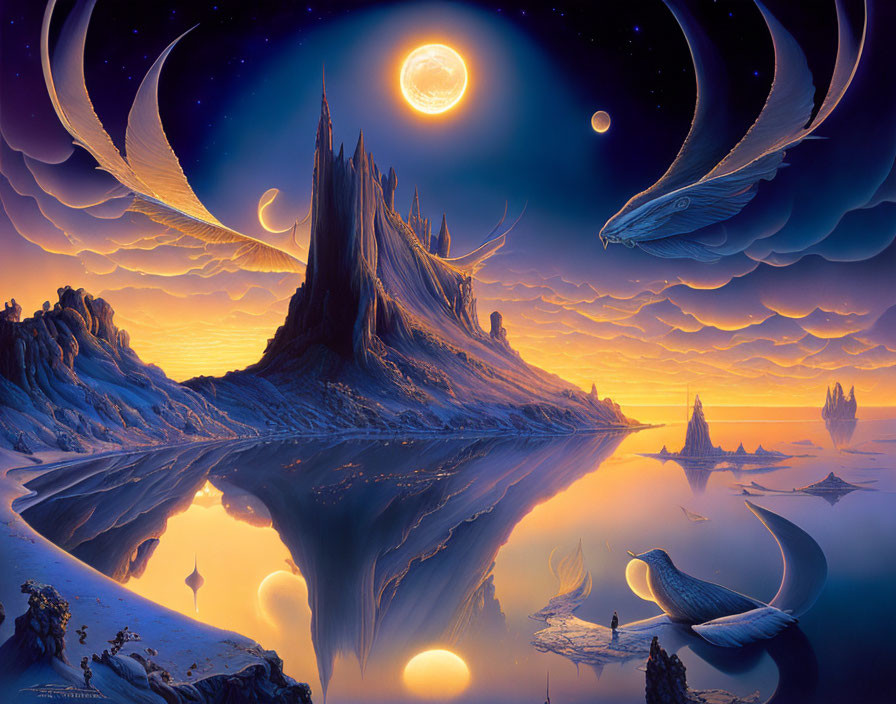 Fantastical landscape with mountains, water, celestial bodies, and floating creatures