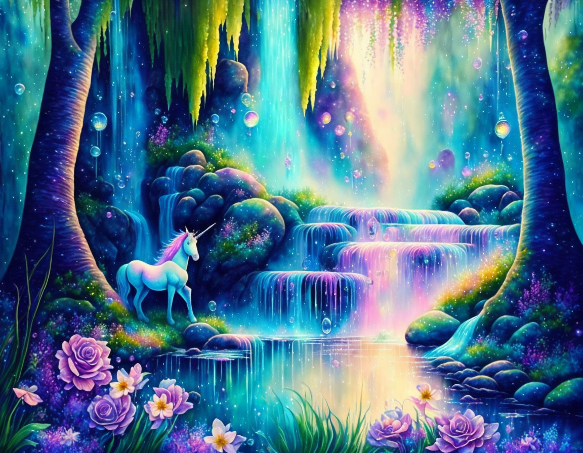 Enchanting forest scene with unicorn, waterfalls, vibrant flora, and glowing orbs