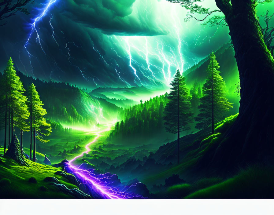 Digital artwork: Mystical forest under stormy sky with purple lightning.