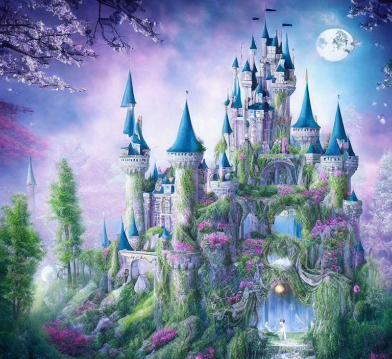 Mystical castle with spires in moonlit landscape amid blooming trees