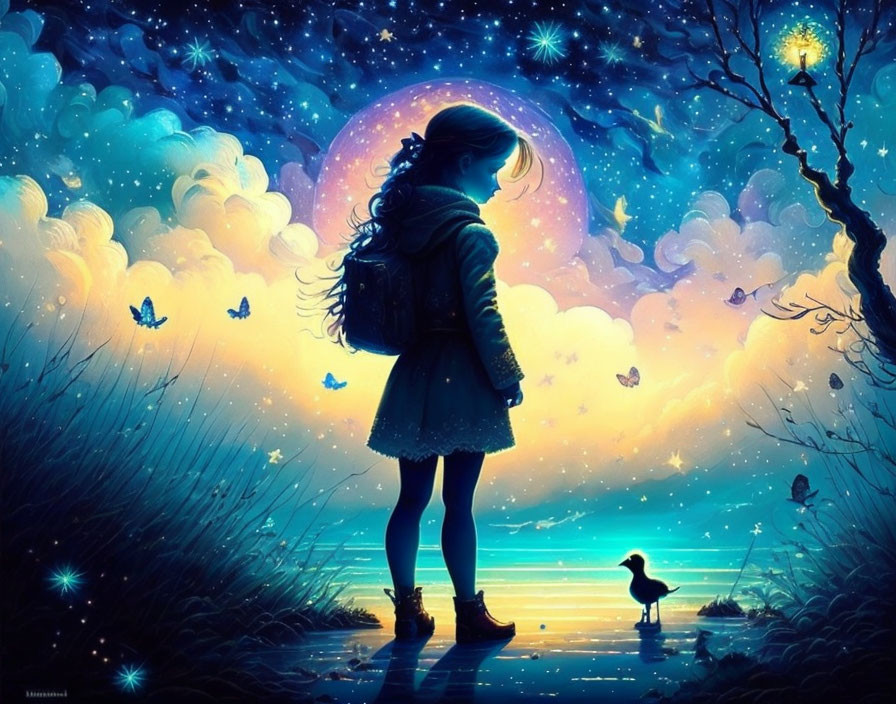 Girl and duck under starry night sky with butterflies and glowing flora.