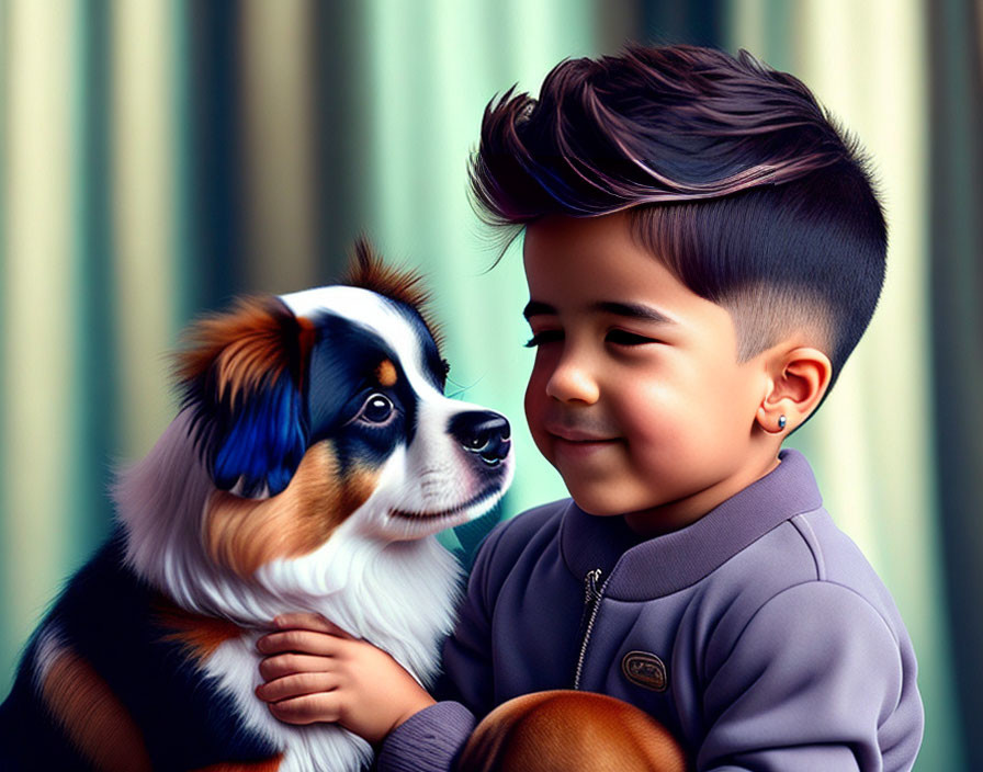 Illustration of smiling boy hugging Australian Shepherd