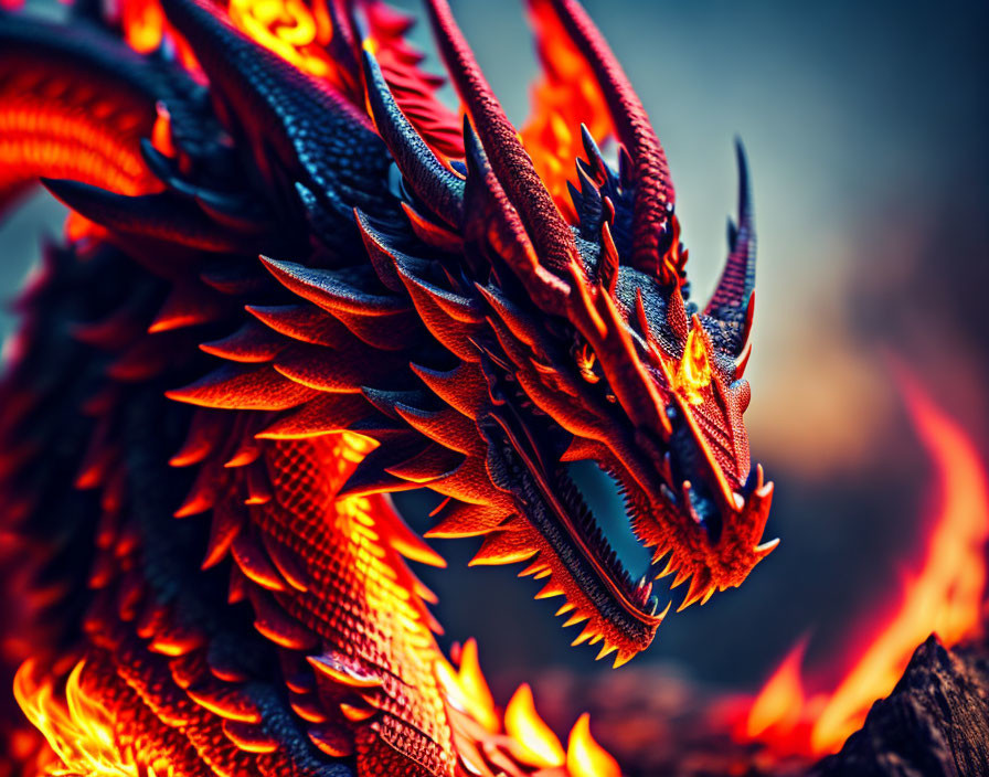 Detailed Red Dragon Sculpture Amidst Flames: Vibrant Artistry