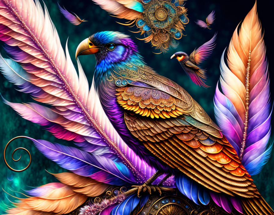 Colorful digital artwork featuring ornate bird with iridescent feathers in fantastical setting