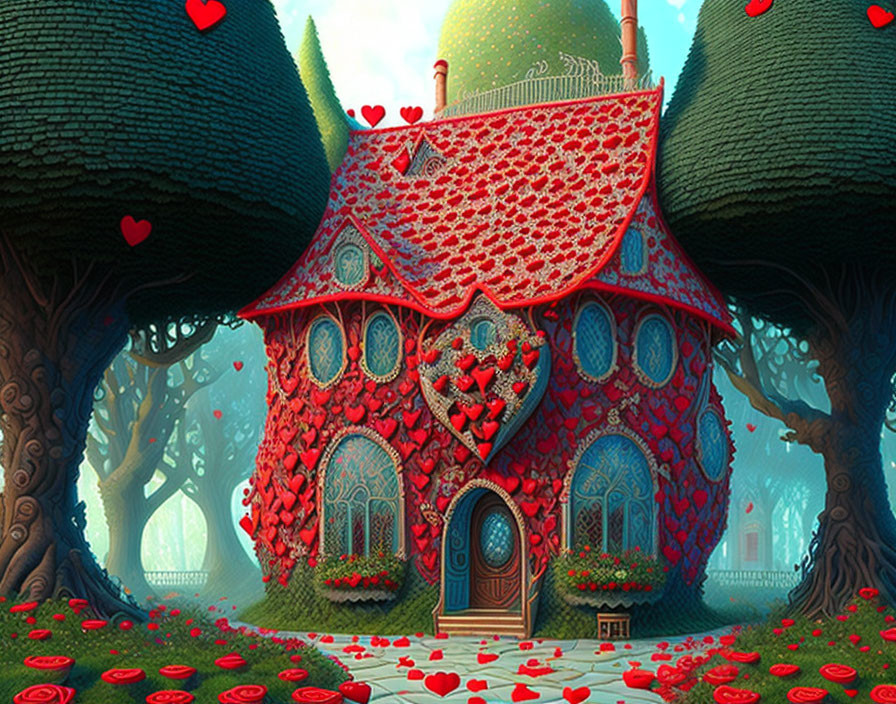 Fantasy house engulfed in red roses and heart-shaped foliage