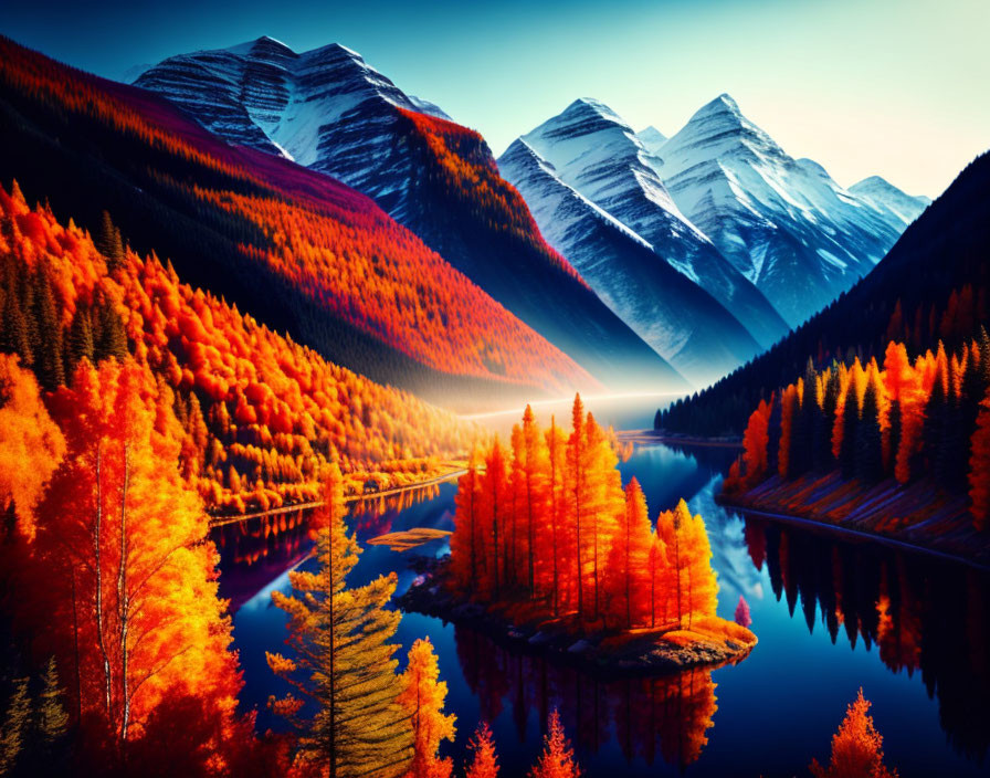 Autumn Trees by Tranquil Lake with Snow-Capped Mountains at Sunset