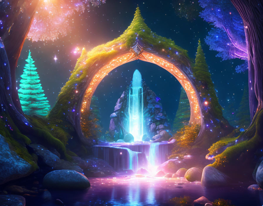 Enchanting glowing portal in mystical forest with luminous waterfall