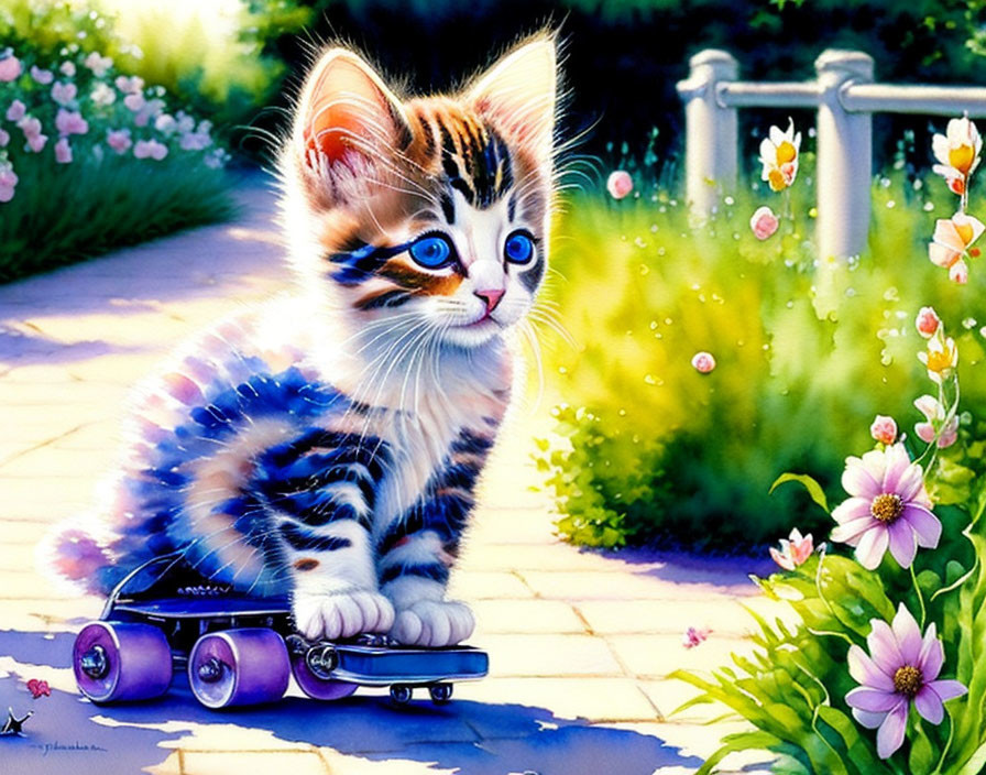 Illustration of kitten with blue eyes on skateboard in nature.