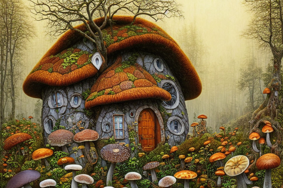 Illustration of Mushroom-Shaped House in Vibrant Forest Setting