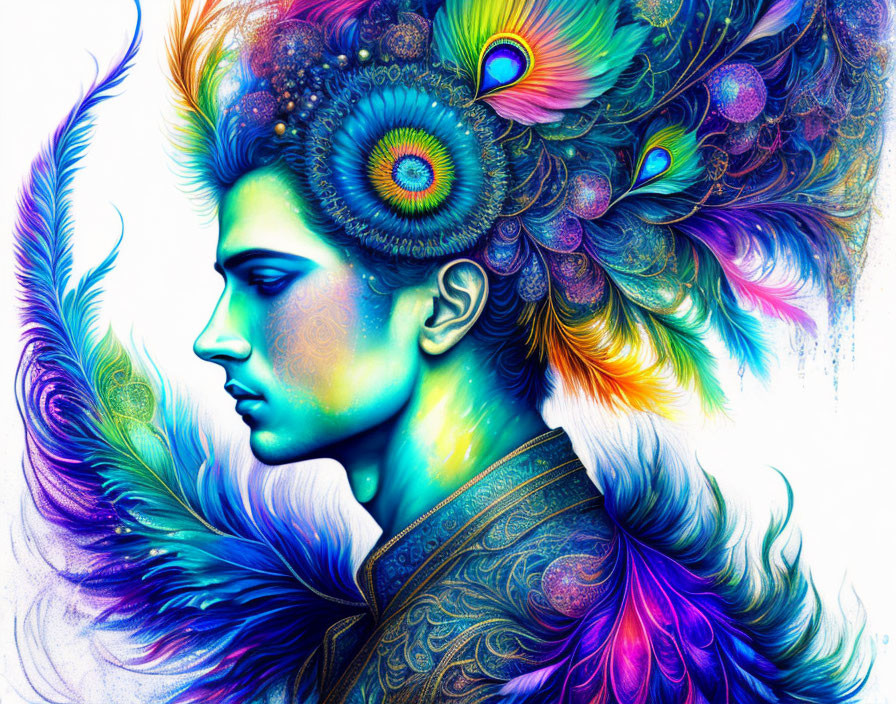 Colorful digital artwork: Person with peacock feather motifs and vibrant patterns in profile view