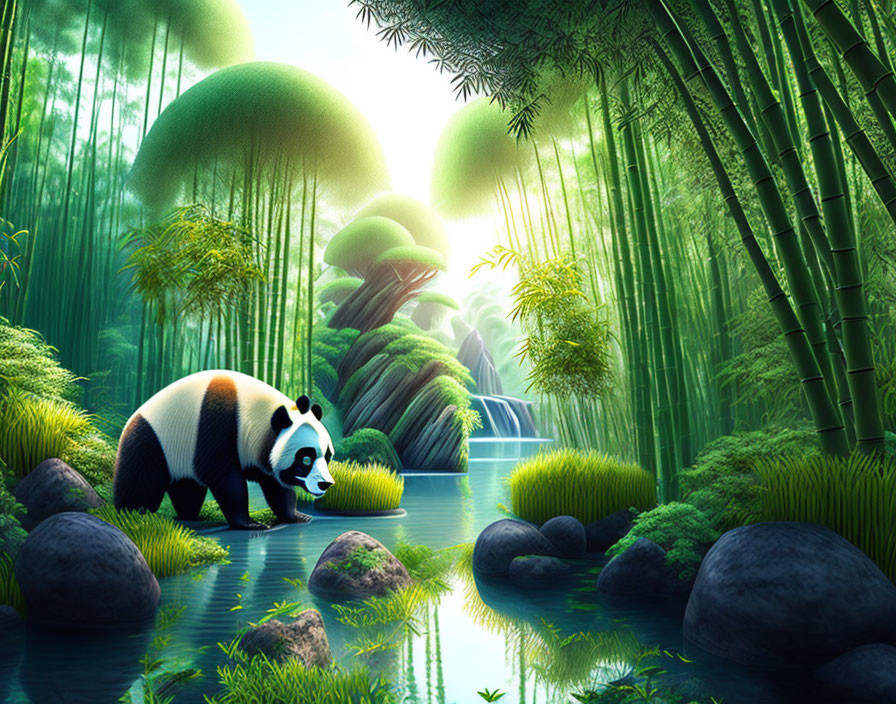 Panda in bamboo forest near river with waterfall