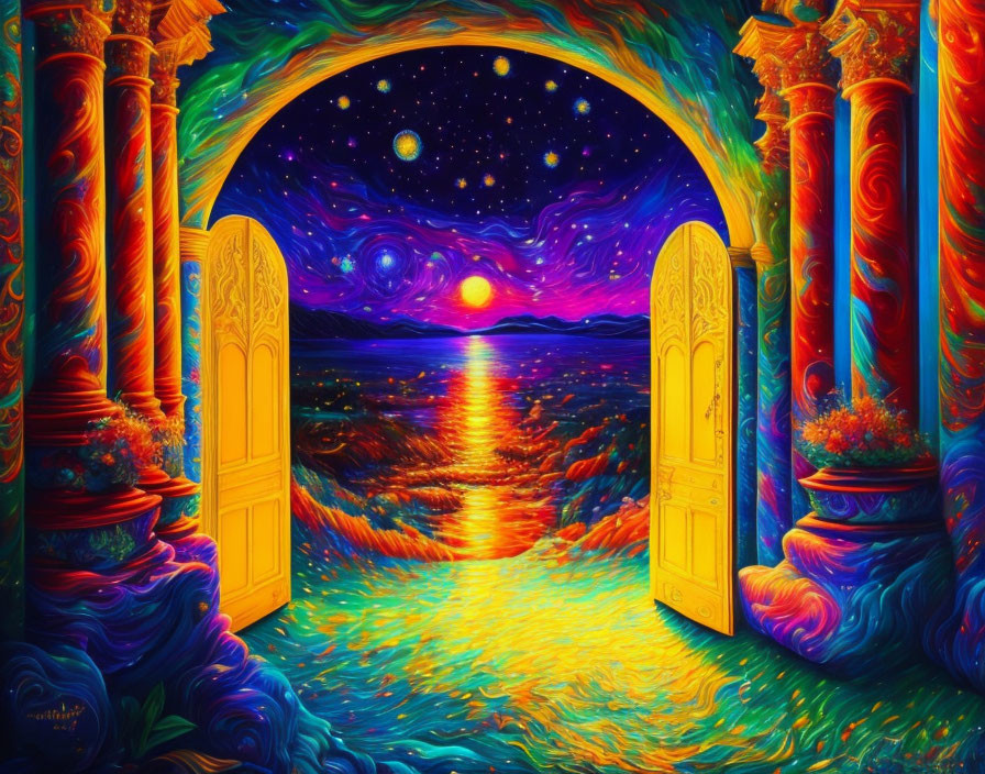 Surreal painting of open double doors to cosmic seascape