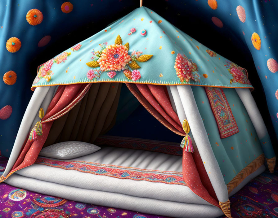 Vibrant digital illustration of whimsical tent under starry night