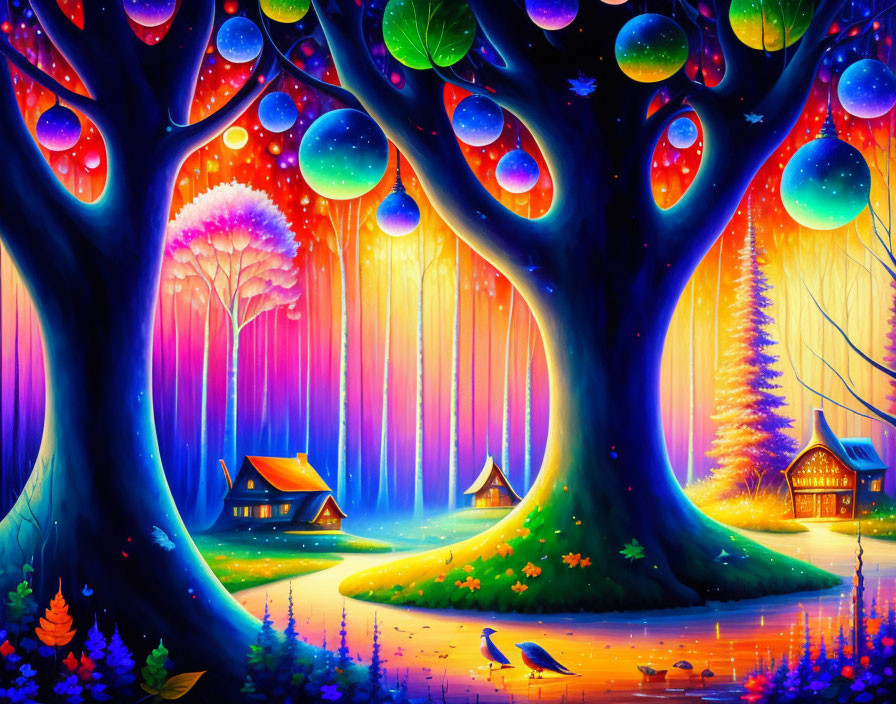 Colorful fantasy forest with glowing orbs, cottage, pond, birds, and enchanted sky