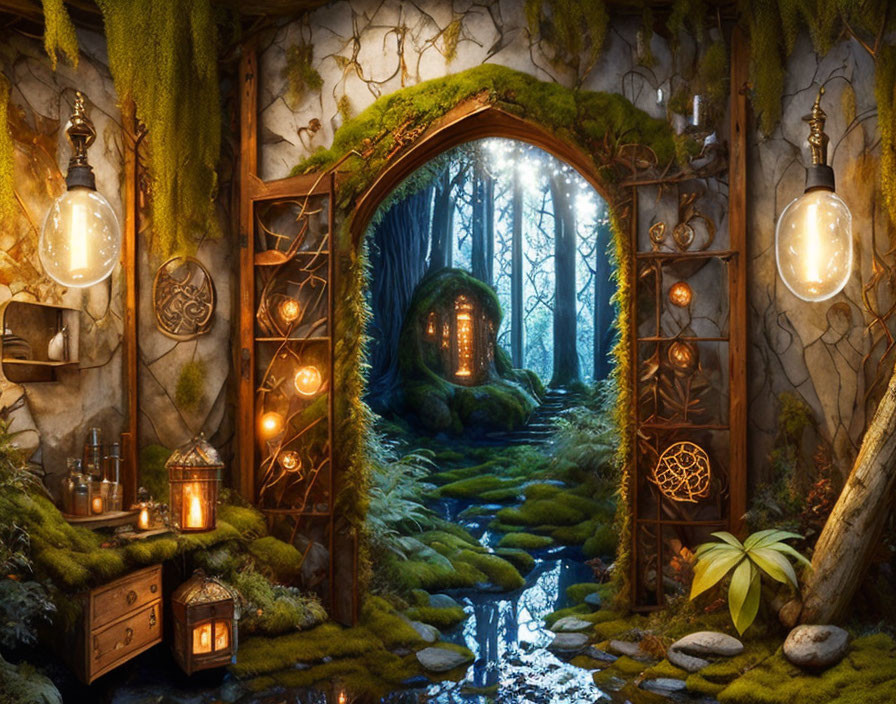 Enchanting woodland scene with arched doorway, vintage lanterns, lush greenery, and distant