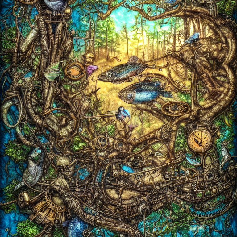 Circular Surreal Artwork: Mechanical Parts, Fish, Tree Branches & Foliage on Golden