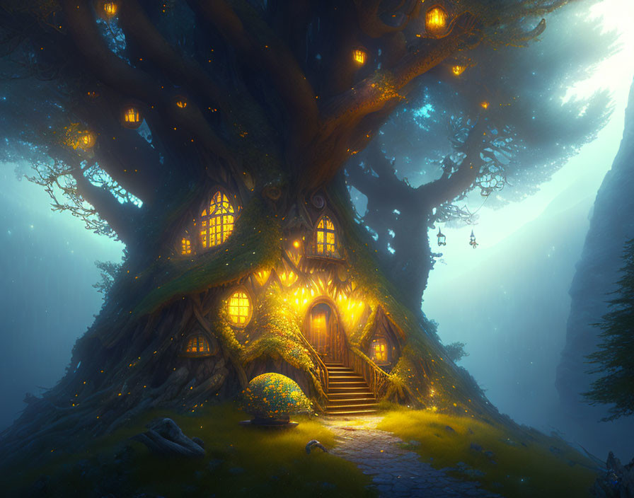 Enchanting Treehouse in Mystical Forest with Glowing Windows