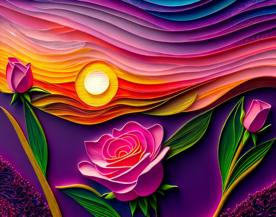 Colorful Artwork: Stylized Hills, Sunset, Elaborate Roses