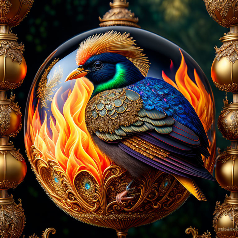 Colorful bird surrounded by flames in ornate frame on dark background